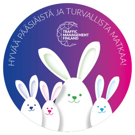 Hyvää pääsiäistä ja turvallista matkaa toivotus, kuvassa piirrettyjä pääsiäispupuja.