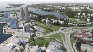 Keilaniemen ilmakuva, jossa kesäistä kuvitettua kaupunkimaisemaa.